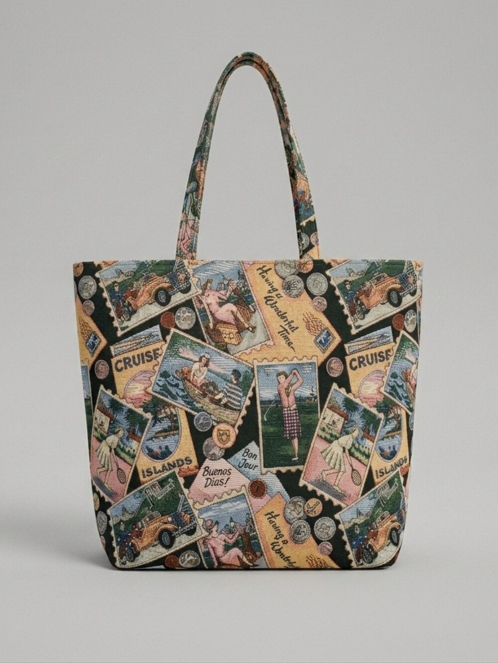 Vintage Woven Tapestry Tote Bag Travel Postcards 21x17 Novelty Grand Tour
